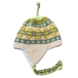 Himalayan Handicraft Centre Wool Earflap Hat Green Fair Isle Fleece Lined Nepal
